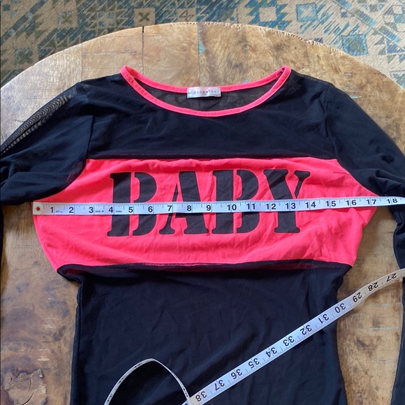 Black and Pink Bodysuit with Bold Text and Long Sleeves - Picture 7 of 12